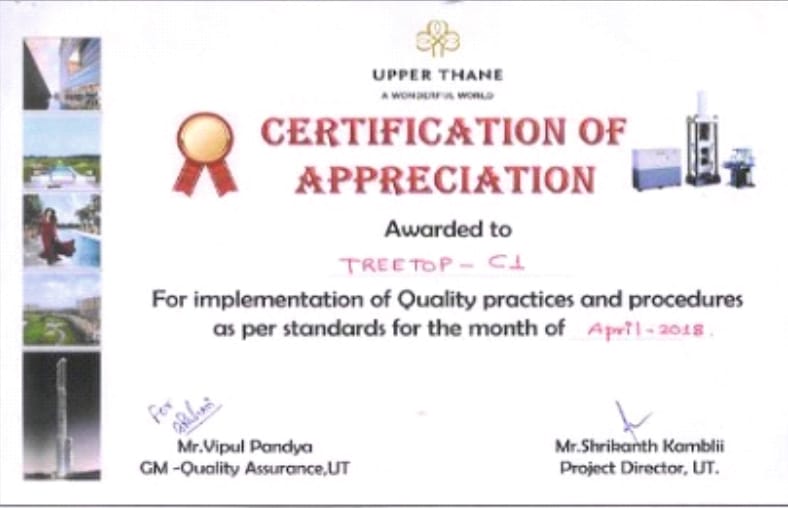Upper Thane quality recognition certificate — April 2018
